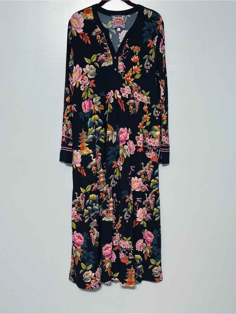 Johnny Was Janie Floral Print Bamboo Knit Split V-Neck Long Sleeve Dress Size L